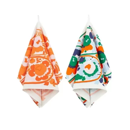 Karuselli Tea Towel in white orange blue emerald Set of 2