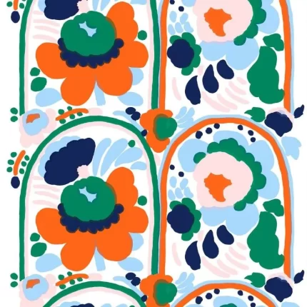 Karuselli Cotton Fabric in white blue orange emerald